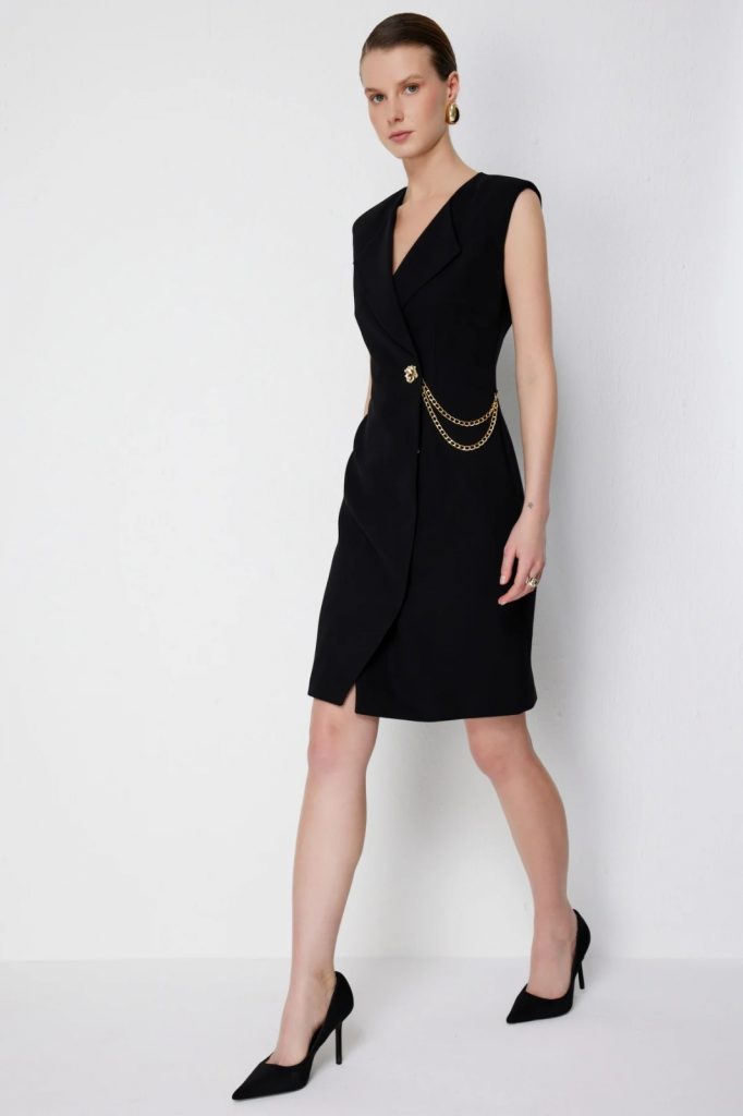 EKOL Zincir Detaylı Kruvaze Midi Elbise 6044 - Siyah