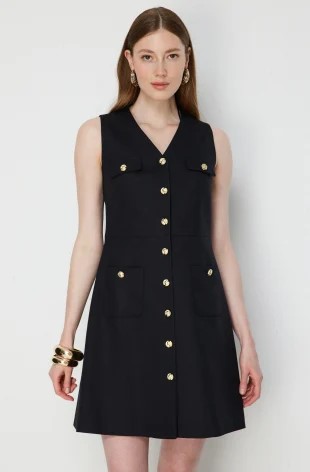 EKOL Kumaşı Simli Kolsuz Midi Elbise 6060 - Siyah