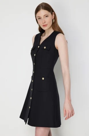 EKOL Kumaşı Simli Kolsuz Midi Elbise 6060 - Siyah