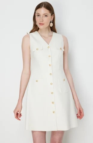 EKOL Kumaşı Simli Kolsuz Midi Elbise 6060 - EKRU