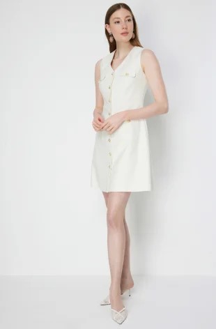 EKOL Kumaşı Simli Kolsuz Midi Elbise 6060 - EKRU