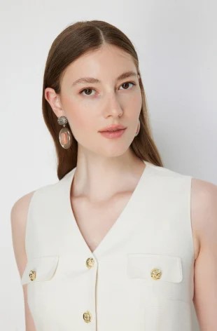 EKOL Kumaşı Simli Kolsuz Midi Elbise 6060 - EKRU