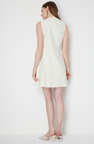 EKOL Kumaşı Simli Kolsuz Midi Elbise 6060 - EKRU