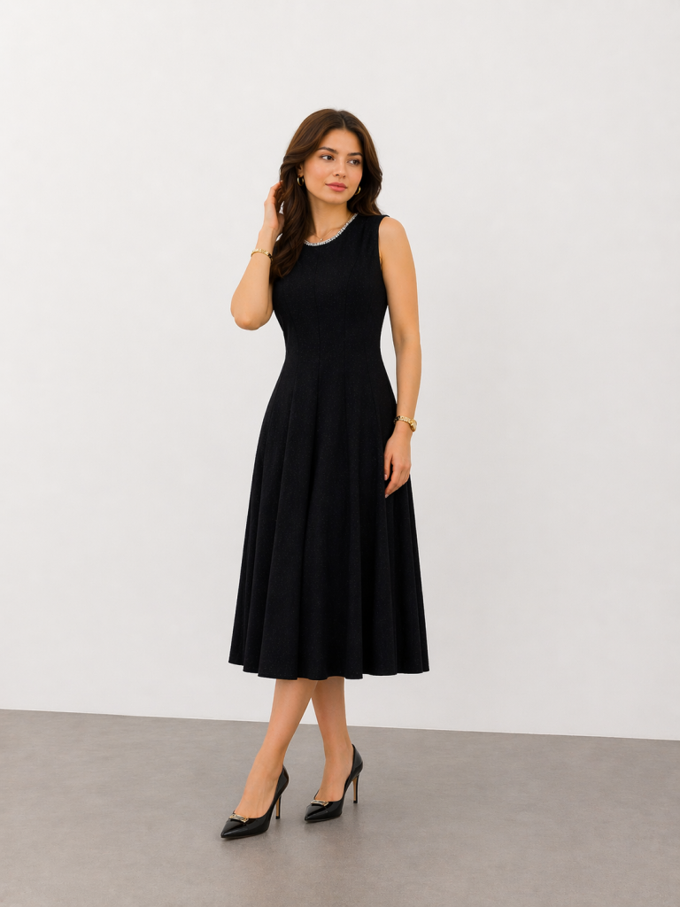 EKOL Yakası İncili Elbise 6080 - Siyah