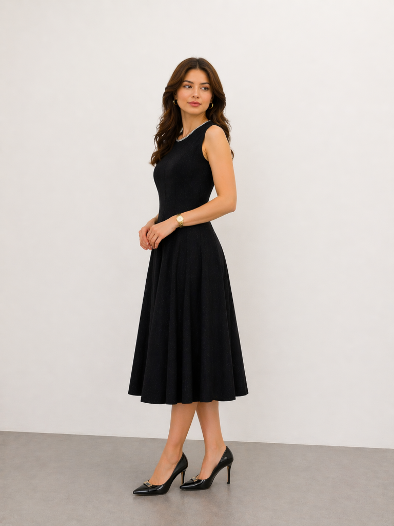 EKOL Yakası İncili Elbise 6080 - Siyah