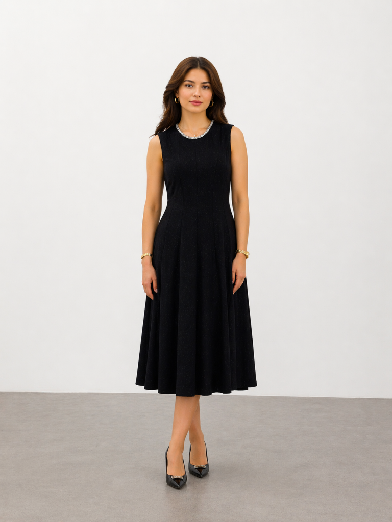 EKOL Yakası İncili Elbise 6080 - Siyah