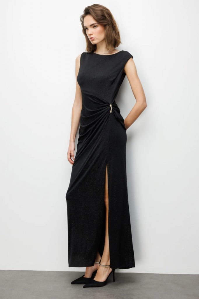 EKOL Beli Tokalı Yırtmaç Detaylı Simli Elbise 6092 - Siyah