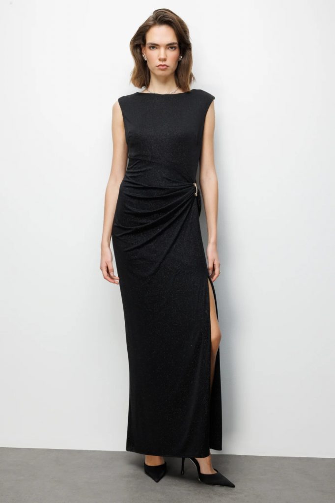 EKOL Beli Tokalı Yırtmaç Detaylı Simli Elbise 6092 - Siyah