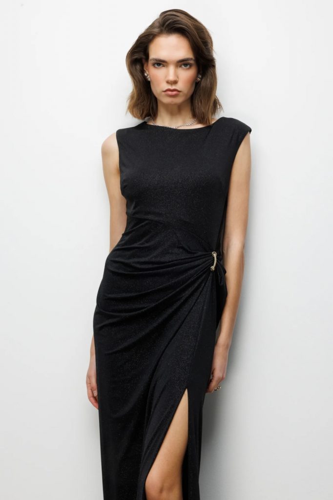 EKOL Beli Tokalı Yırtmaç Detaylı Simli Elbise 6092