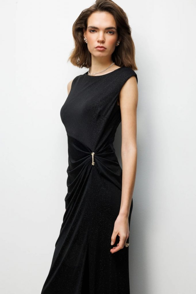 EKOL Beli Tokalı Yırtmaç Detaylı Simli Elbise 6092 - Siyah