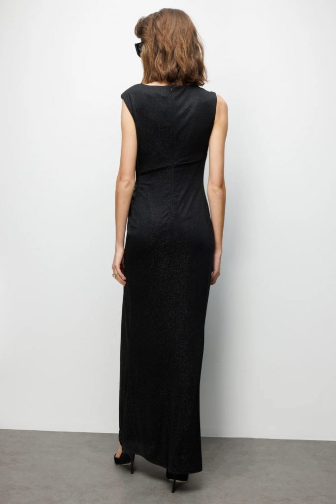 EKOL Beli Tokalı Yırtmaç Detaylı Simli Elbise 6092 - Siyah