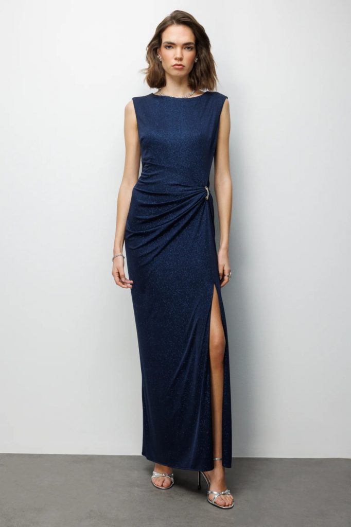 EKOL Beli Tokalı Yırtmaç Detaylı Simli Elbise 6092 - Lacivert