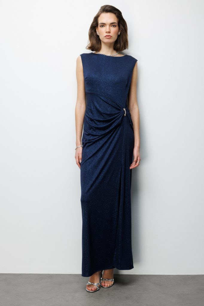 EKOL Beli Tokalı Yırtmaç Detaylı Simli Elbise 6092 - Lacivert