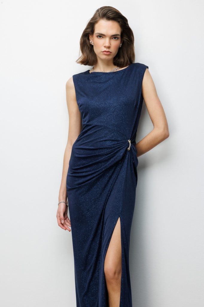 EKOL Beli Tokalı Yırtmaç Detaylı Simli Elbise 6092 - Lacivert