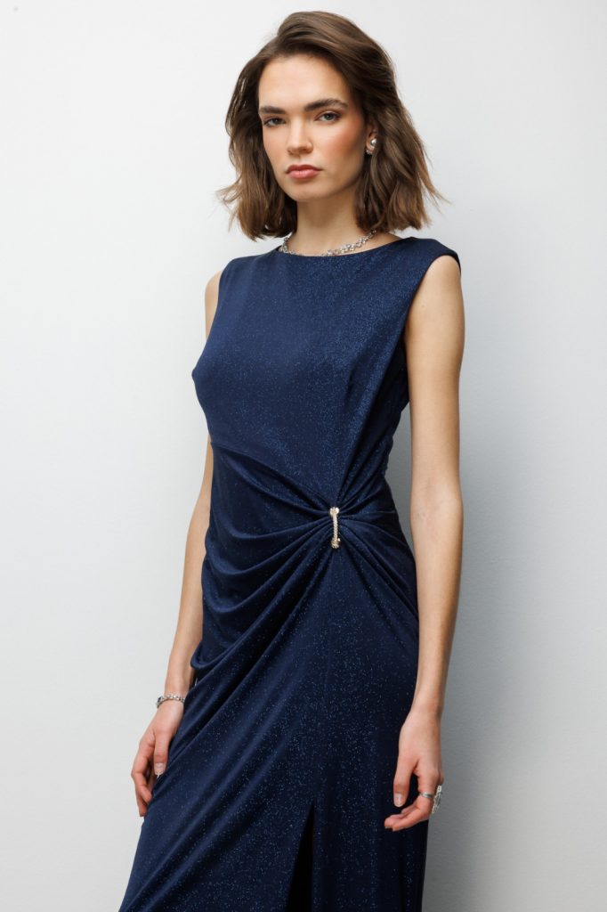 EKOL Beli Tokalı Yırtmaç Detaylı Simli Elbise 6092 - Lacivert