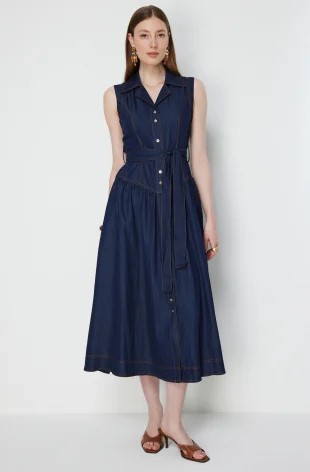 EKOL Beli Kuşaklı Dikiş Detaylı Maxi Elbise 6116 - İNDİGO