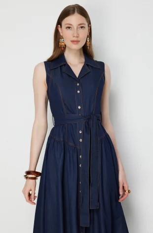 EKOL Beli Kuşaklı Dikiş Detaylı Maxi Elbise 6116 - İNDİGO