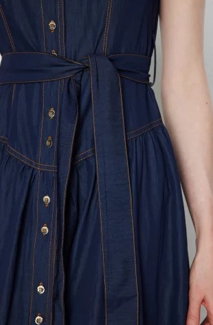 EKOL Beli Kuşaklı Dikiş Detaylı Maxi Elbise 6116 - İNDİGO