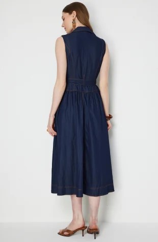 EKOL Beli Kuşaklı Dikiş Detaylı Maxi Elbise 6116 - İNDİGO