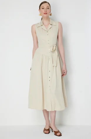 EKOL Beli Kuşaklı Dikiş Detaylı Maxi Elbise 6116 - KUM