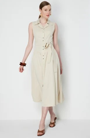 EKOL Beli Kuşaklı Dikiş Detaylı Maxi Elbise 6116 - KUM