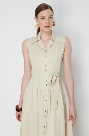 EKOL Beli Kuşaklı Dikiş Detaylı Maxi Elbise 6116 - KUM