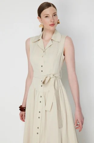 EKOL Beli Kuşaklı Dikiş Detaylı Maxi Elbise 6116 - KUM