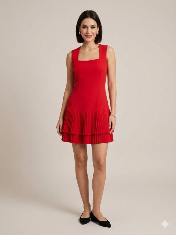 EKOL Kare Yaka Pileli Mini Elbise 6140