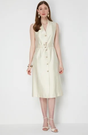 EKOL V Yaka Kemerli Midi Elbise 6150 - KUM