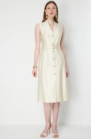 EKOL V Yaka Kemerli Midi Elbise 6150