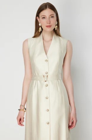 EKOL V Yaka Kemerli Midi Elbise 6150 - KUM