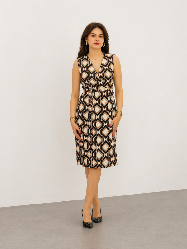 EKOL Geometrik Desenli Kruvaze Midi Elbise 6160