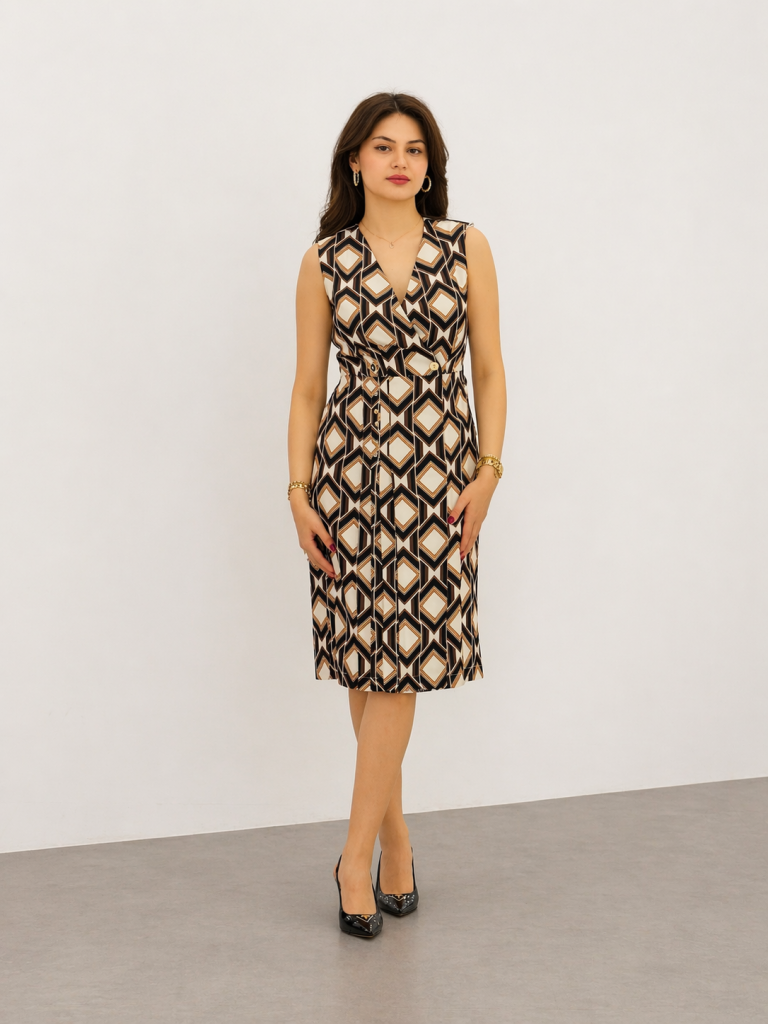 EKOL Geometrik Desenli Kruvaze Midi Elbise 6160 - Siyah