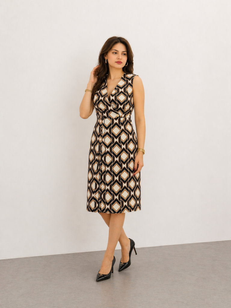 EKOL Geometrik Desenli Kruvaze Midi Elbise 6160 - Siyah