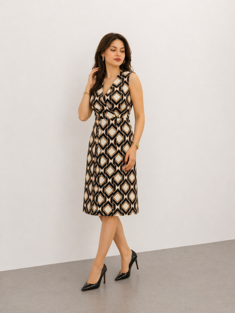 EKOL Geometrik Desenli Kruvaze Midi Elbise 6160 - Siyah