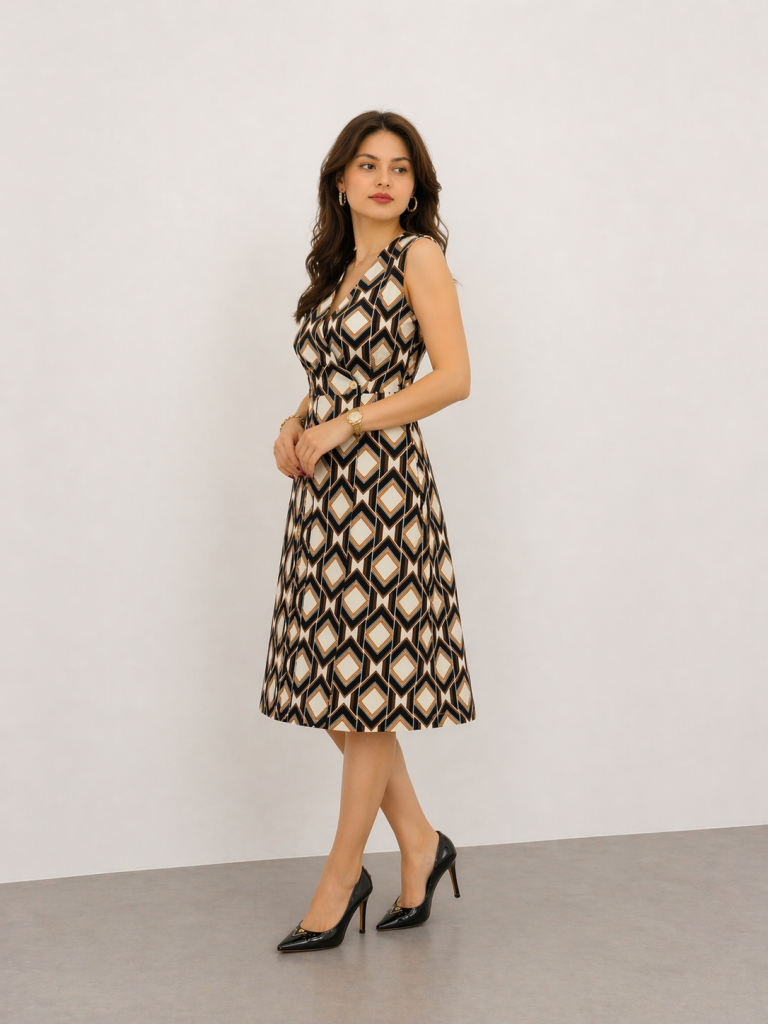 EKOL Geometrik Desenli Kruvaze Midi Elbise 6160 - Siyah