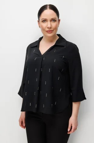 EKOL Taş İşlemeli Yarım Kollu Bluz 2964 - Siyah