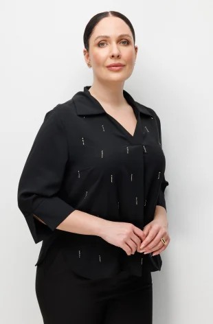 EKOL Taş İşlemeli Yarım Kollu Bluz 2964 - Siyah