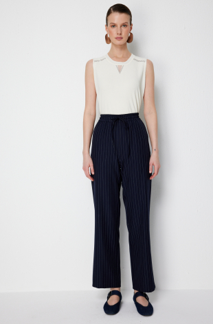 EKOL Çizgi Desenli Bol Paça Pantolon 1090 - Lacivert