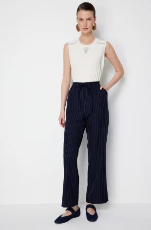 EKOL Çizgi Desenli Bol Paça Pantolon 1090 - Lacivert