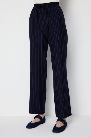 EKOL Çizgi Desenli Bol Paça Pantolon 1090 - Lacivert