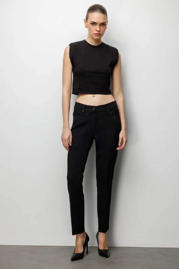 EKOL Cepleri Taş İşlemeli Dar Paça Pantolon  4022 - Siyah