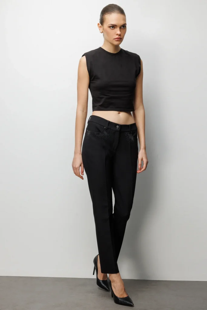 EKOL Cepleri Taş İşlemeli Dar Paça Pantolon  4022 - Siyah