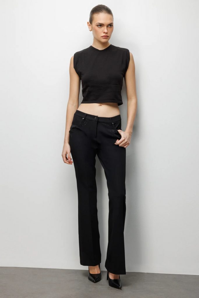 EKOL Cepleri Taş İşlemeli İspanyol Paça Pantolon 4024 - Siyah