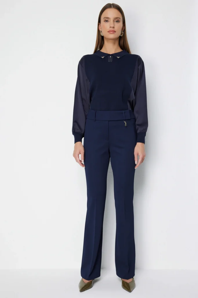 EKOL Metal Aksesuarlı İspanyol Paça Pantolon 4044 - Lacivert