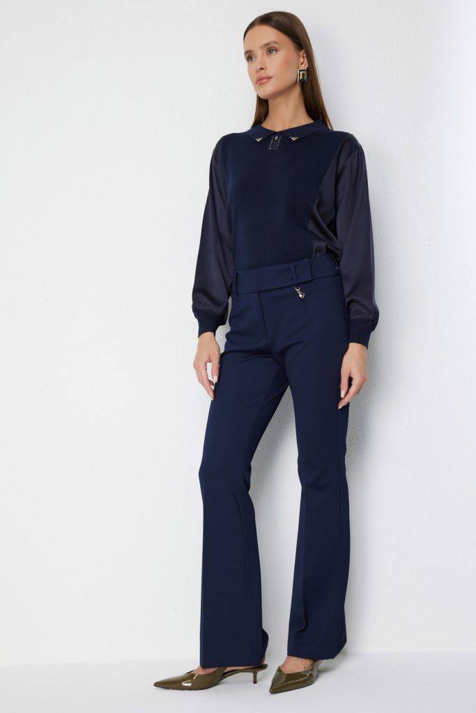 EKOL Metal Aksesuarlı İspanyol Paça Pantolon 4044 - Lacivert