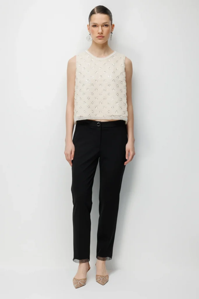 EKOL Paçası Taş İşlemeli Yan Cepli Pantolon  4104 - Siyah