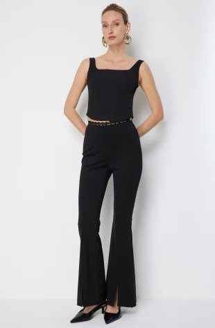 EKOL Dantel Detaylı İspanyol Paça Pantolon 4114 - Siyah