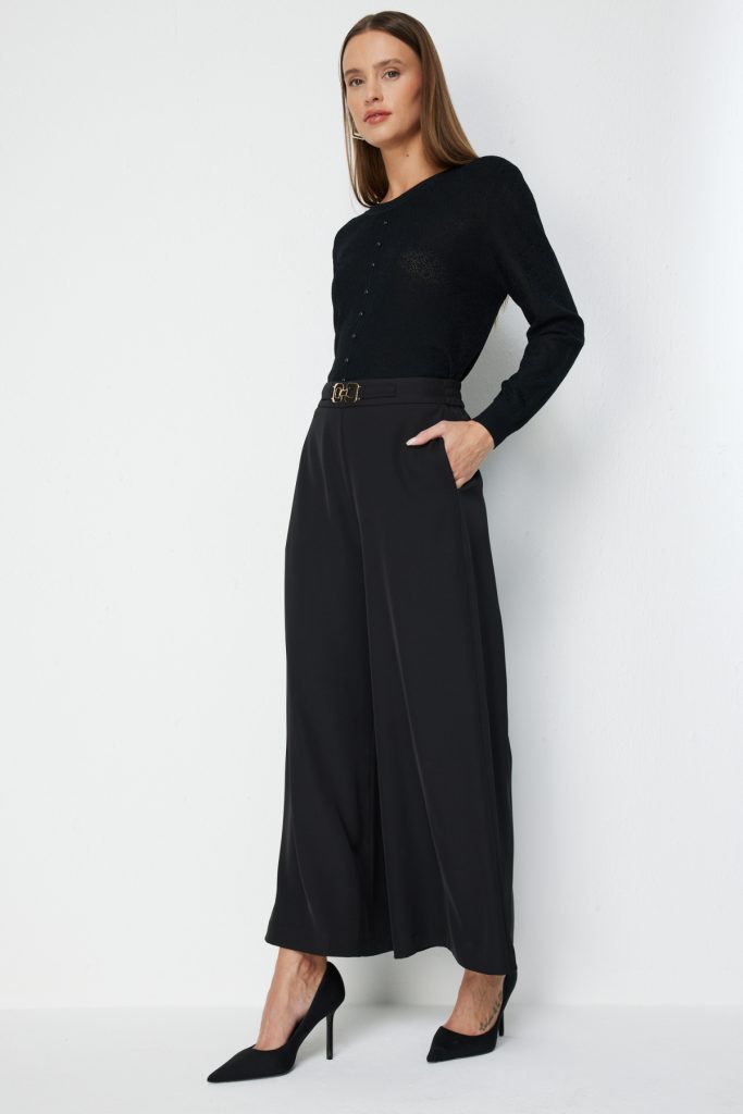 EKOL Metal Tokalı Bol Paça Pantolon 4132 - Siyah