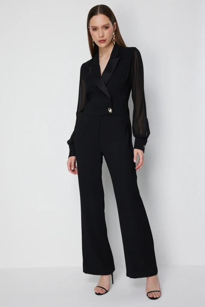 EKOL Kolları Şifon Kruvaze Yaka Tulum 6448 - Siyah